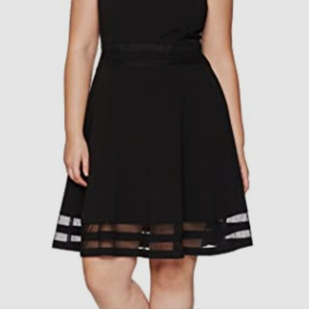 Calvin Klein Black Sleeveless Dress Illusion Fit n Flare Mesh Hem Plus Sz 20 W - Picture 3 of 9